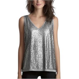 Talbots Silver Grey Sequin Sleeveless Shell Tank Top Blouse Plus Size 16 V Neck